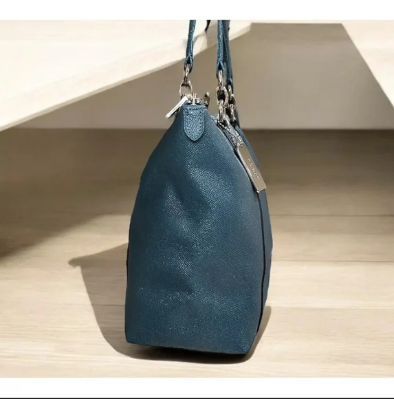 *SOLD* Coach Ava Teal Metallic Glitter Leather Bag Tote Peacock Aqua - Picture 4 of 12